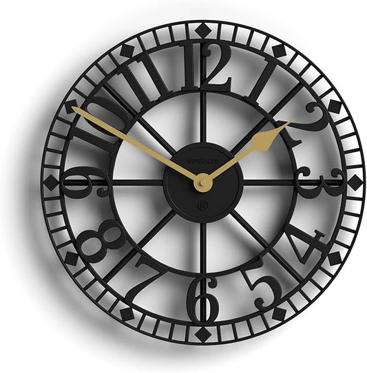 NEWGATE® Warehouse Wall Clock | Skeleton Clock | 16 inch | Black with Brass Hands | Contemporary Vintage Style for Kitchen, Living Room or Office