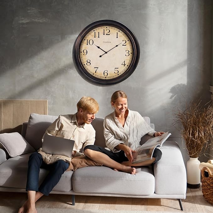 24 Inch Wall Clock Battery Operated Silent Round Vintage Large Wall Clocks for Living Room Farmhouse Decor, Black-Brown