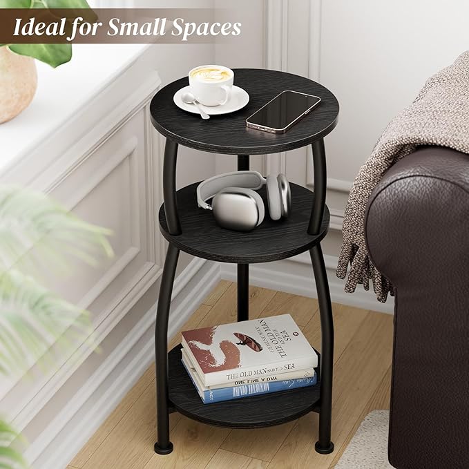 Small Round Side Table, 3-Tier End Table with Storage Shelf, Slim Sofa Table Coffee Table, Sturdy & Easy Assemble Nightstand for Small Spaces, Living Room Bedroom Corner, Black