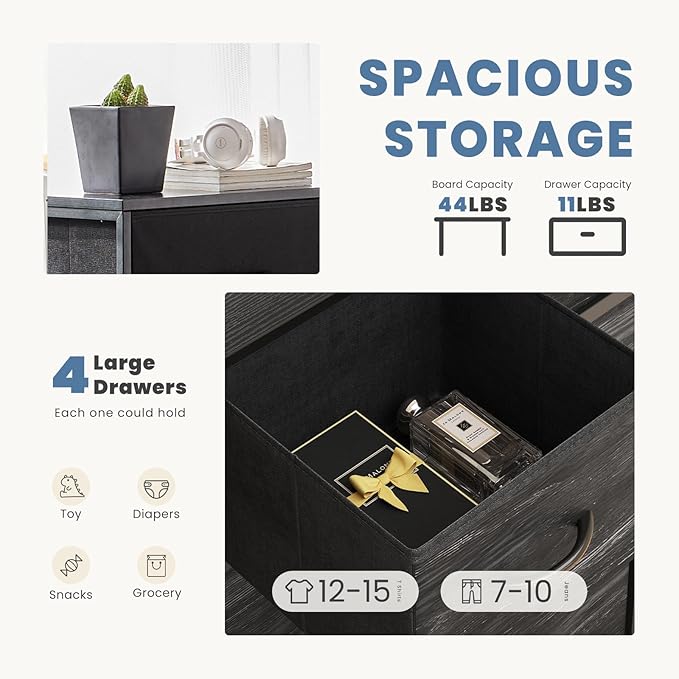 DUMOS Nightstand with 4 Drawers Bedside Table with Removable Fabric Bins Sturdy Steel Frame Wood Top Organizer Furniture for Bedroom Closet Living Room,Black Wood Grain