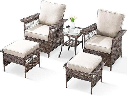 5 Pieces Wicker Patio Furniture Set - Hollow Widen Armrests Outdoor Rattan Chairs with Ottomans and Side Table, Small Patio Convention Set for Balcony Porch Deck and Yard - Brown/Beige