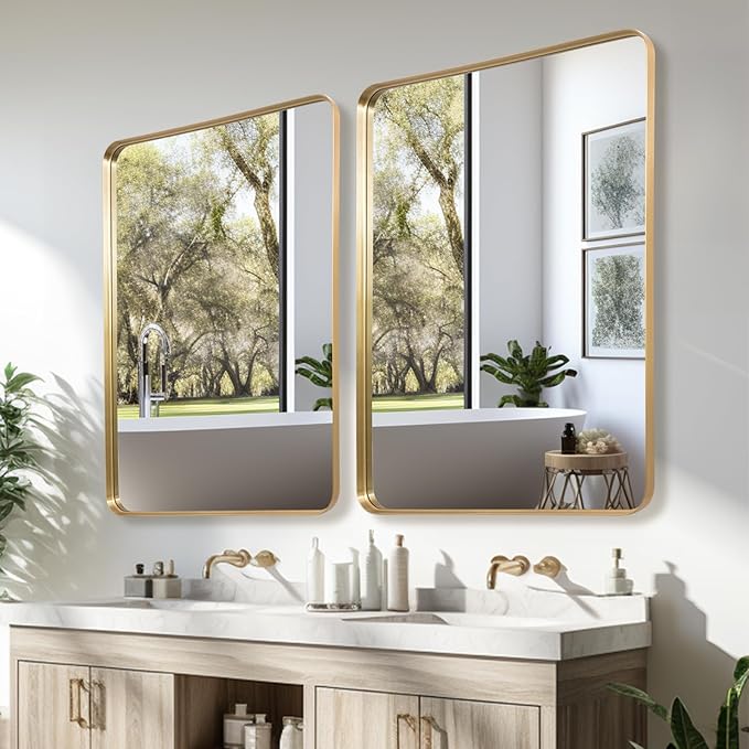 Wall Mirror 30" x 40" for Bathroom Gold Metal Deep Frame Rectangular Round Corner Wall Mounted Vanity Mirror for Bedroom Living Room Entryway Wall Decor