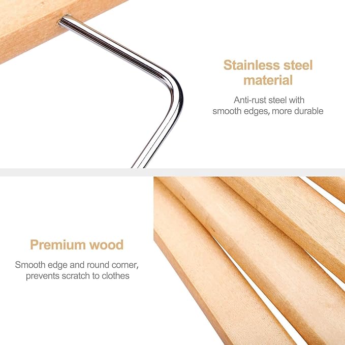 HOUSE DAY Wooden Hangers with Clips 48 Pack,Wooden Suit Hangers Skirt Hangers Solid Wood Pants Hangers Natural Smooth Finish Wood Hangers with Durable Metal Clips for Blouse, Dress, Coat, Jacket