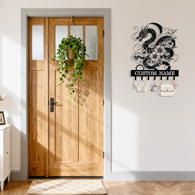 Personalized Key Holder Wall Mount, Custom Metal Dragon Keys Holder for Wall with Name, Wall Key Hanger Rack with Hooks for Entryway, Front Door, Living Room, Kitchen, Bathroom, Garden
