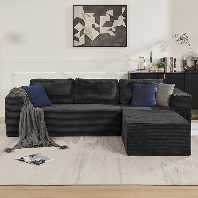 40" Modular Sectional Sofa, Upholstered Floor Sofa Couch with Pillow, Bean Bag Chair for Bedroom Living Room, No Assembly Required (Plush Corduroy Fabric, Black)