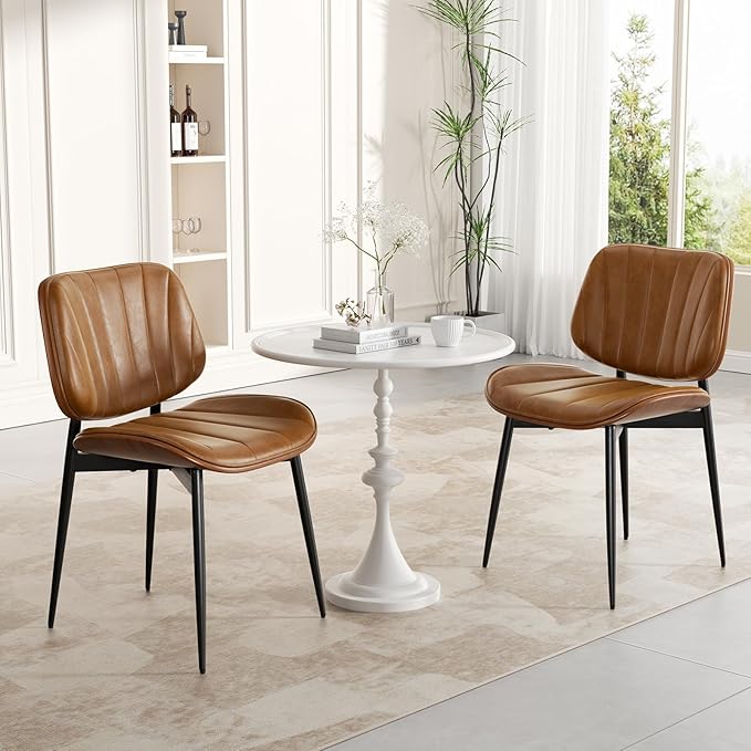Dining Chairs Set of 6, Mid Century Modern Dining Room Chairs, Upholstered Faux Leather Kitchen Chairs with Walnut Bentwood Back and Metal Legs, Brown