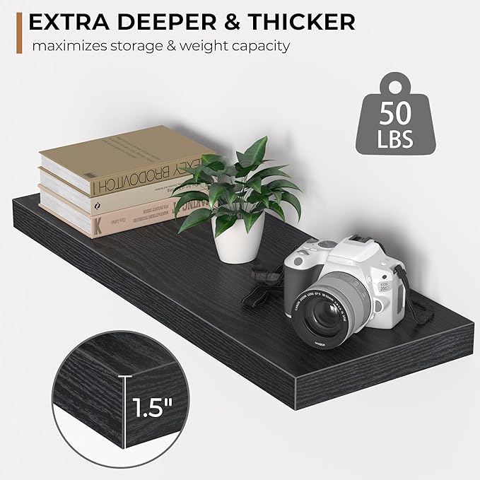 Fun Memories Floating Shelves - 2 Pack 9 Inch Rustic Wooden Wall Shelves - Extra Deeper & Thicker Wall Mounted Storage Shelf for Living Room, Kitchen, Farmhouse - 24" W x 9" D x 1.6" H - Rustic Black