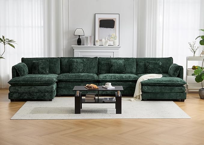 147.8" U Shaped Modular Sectional Sofa, Comfy Cloud Couch with Movable Ottoman, Deep Seat Modular Sofa, Sectional Couches for Living Room, Bedroom, Apartment (Green)