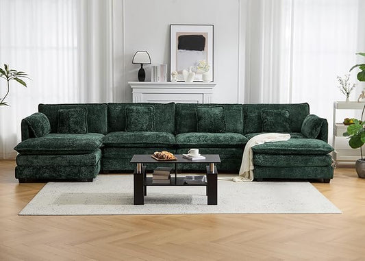 147.8" U Shaped Modular Sectional Sofa, Comfy Cloud Couch with Movable Ottoman, Deep Seat Modular Sofa, Sectional Couches for Living Room, Bedroom, Apartment (Green)