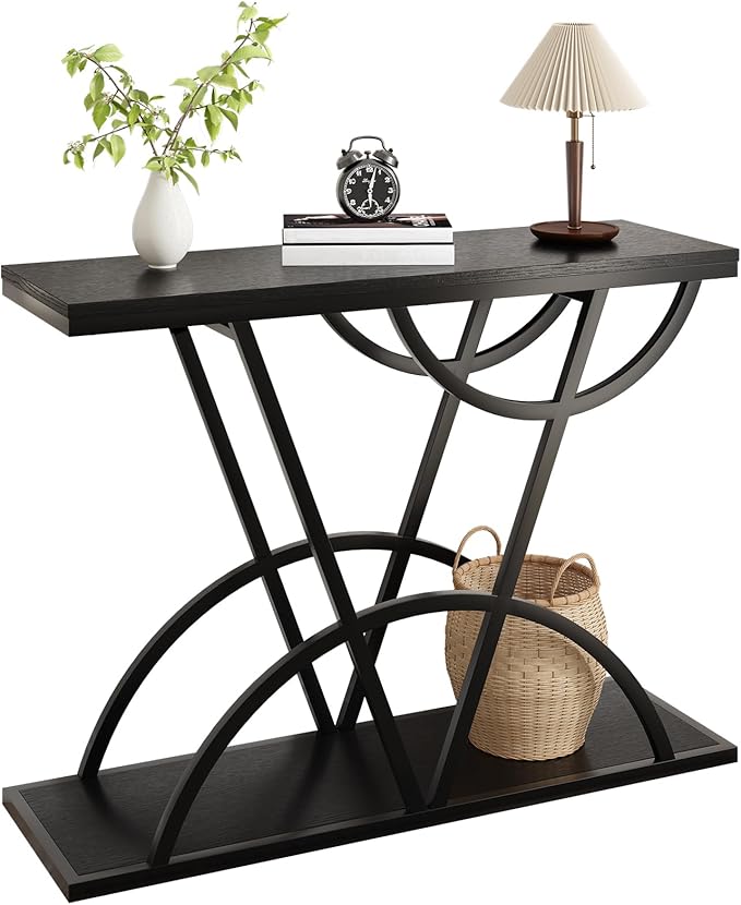 43" Console Table, Industrial Entryway Table with Storage Shelf, Narrow Wood Sofa Table with Metal Frame for Living Room, Hallway, Foyer, Entrance, Black