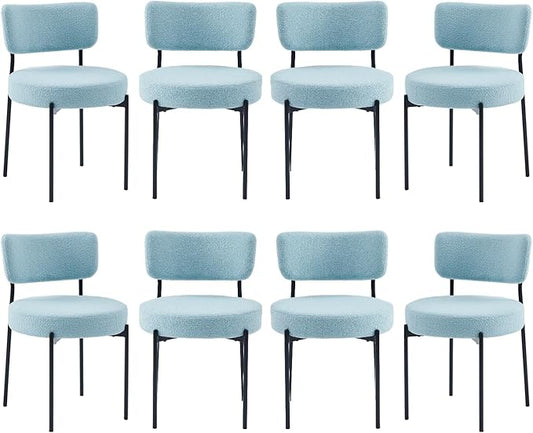 Blue Boucle Dining Chairs Set of 8, Upholstered Dinner Chair with Metal Frame, Dining Room Chairs with Padded Seat, Round Modern Seating for Living Room