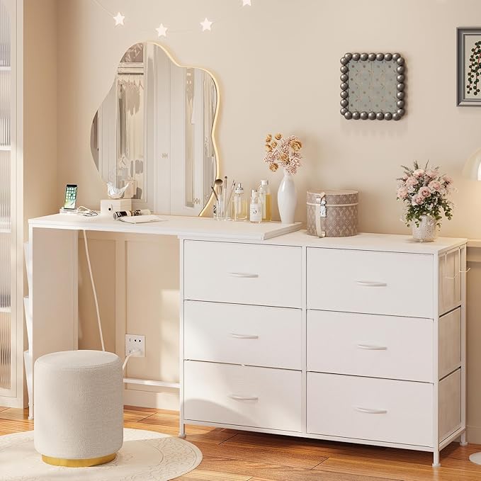Modern Corner Vanity Desk with 6 Fabric Drawers Power Outlet Side Pocket L Shaped Drawers Makeup Desk Dressing Table for Girls Women Bedroom (White)