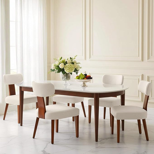 Dining Chairs Set of 5, Mid-Century Modern Upholstered Kitchen Chairs with Curved Backrest and Linen Fabric Seat, Wood Leg Accent Chairs for Dining Room, Living Room, Bedroom, Linen Beige