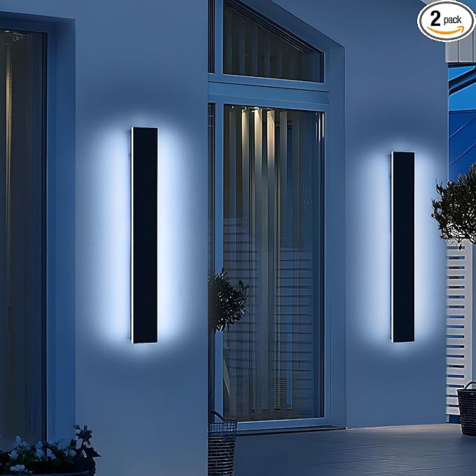 2 Pack 31.4inch Modern Exterior Wall Lights, 6000K Cold White, Outdoor Wall Mount Linear Sconces, 31W, IP65 Waterproof Minimalist Strip Led Lighting for House, Porch, Garage, Garden