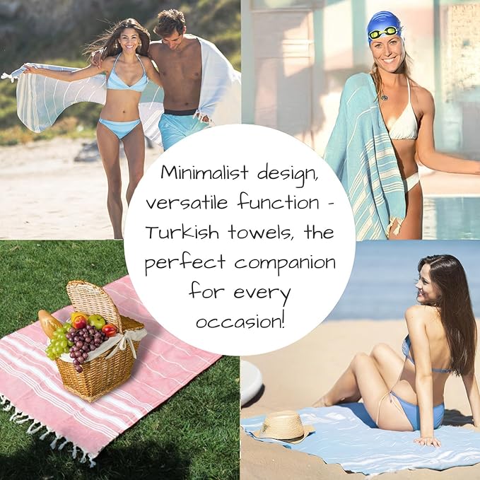 Bazaar Anatolia Turkish Beach Towel – 100% Cotton, Quick Dry, Sand Free Swim Towel for Swimmers, Beach Days – Oversized 71x39 Inches – Stripe Turquoise