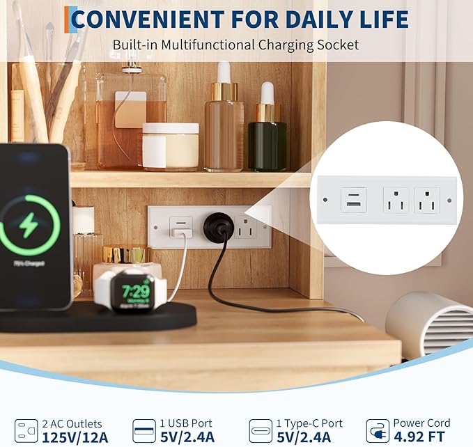 GarveeHome Vanity Desk with Mirror and Lights - Modern Makeup Dressing Table with Outlets, Storage Stool, 4 Drawers & Hair Dryer Holder - 3 Colors LED Vanity Mirror, Vanities for Bedroom, Natural