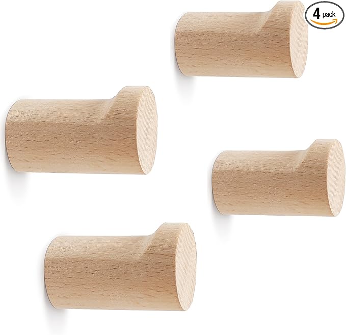 Wood Wall Hooks, 4 Pack Natural Wooden Coat Hooks Wall Mounted, Rustic Hat Hooks, Heavy Duty Entryway Wall Hangers for Hanging Purse, Towels, Clothes, Backpack