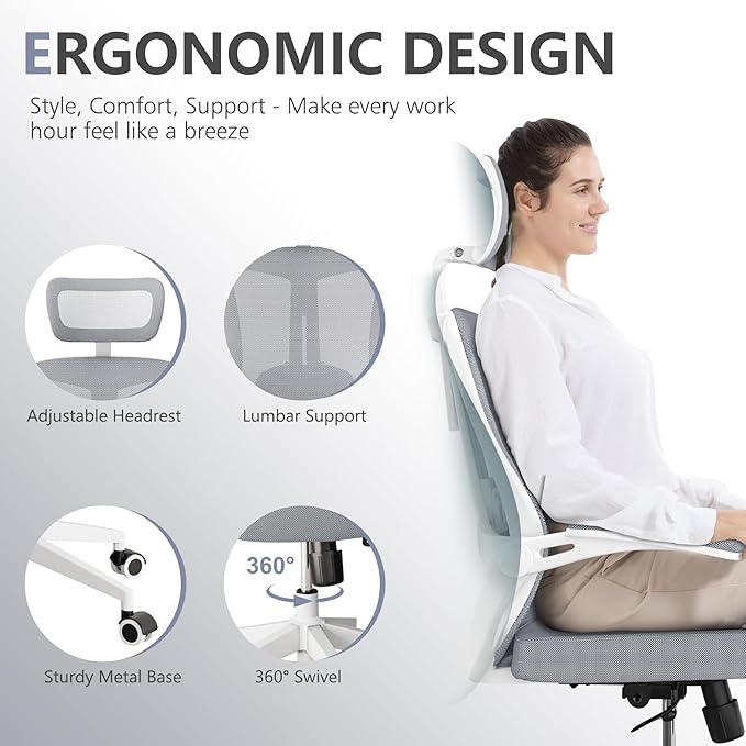 Office Chair,Ergonomic Comfy Home Desk Chair with 350LBS Capacity,High Back Gaming Chair with Wheels,Mesh Computer Chair,Lumbar Support, Adjustable Headrest,Flip-up Armrest