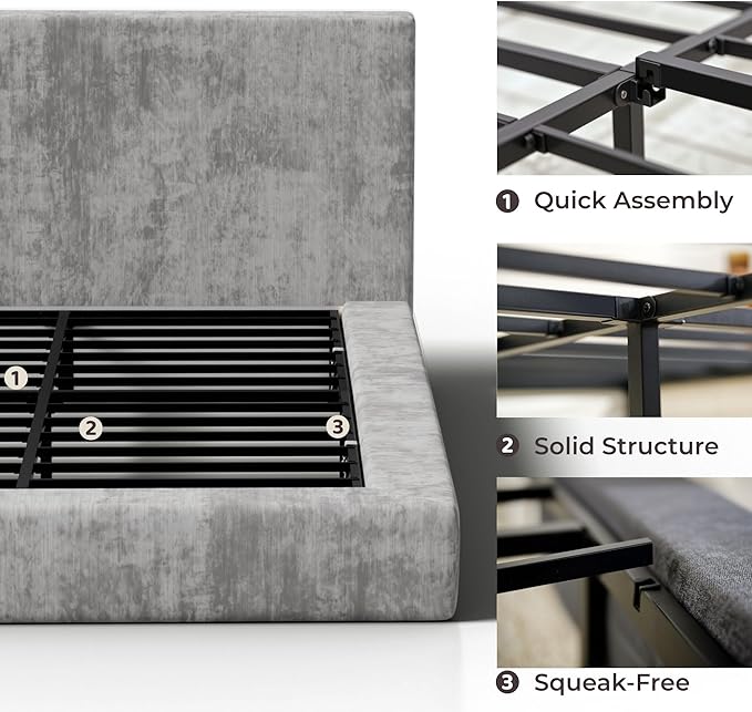 RECCI Cloud Upholstered King Bed Frame with Headboard, 5 Inch Foam Padded Platform, No Box Spring, Easy Assembly (Moon)