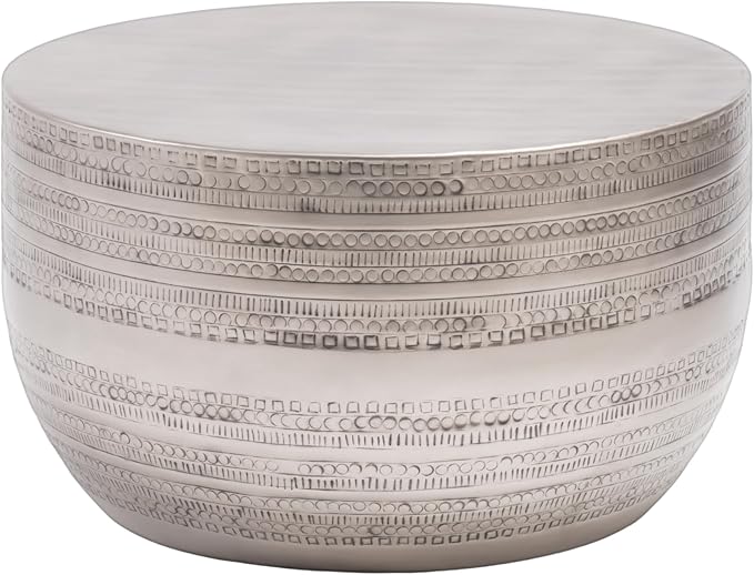 Modern Round Aluminum Hammered Embossed Texturing Metal Drum Coffee Table, Hand-Stamped Iron, Boho Accent Cylinder Drum Coffee Table, Cocktail Table, for The Living Room and Bedroom, Silver