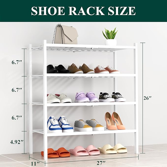 Smiry Shoe Rack, 4 Tier Thick Bamboo Shoe Organizer, Stackable Free Standing Wooden Shoe Storage Shelf for Closet, Entryway, Front Door Entrance, White