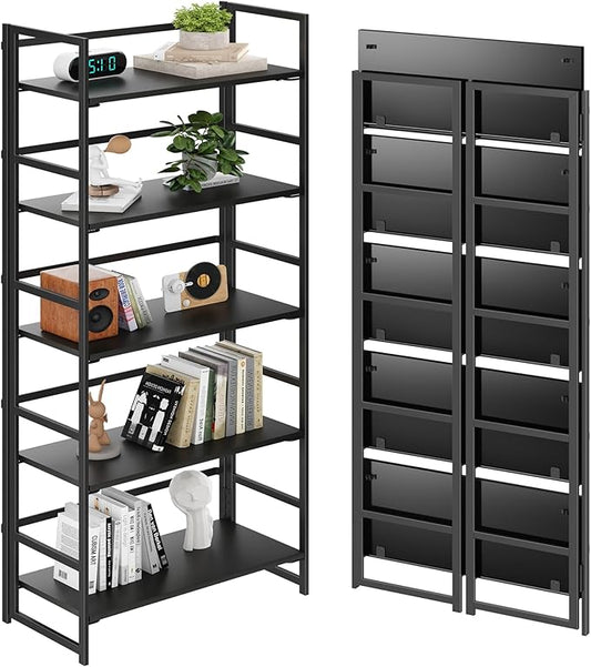 BHG Vintage Multifunctional Folding Bookshelf, No-Assembly Plant Stand Storage Rack Shelves for Home Office (All Black, 5-Tier)