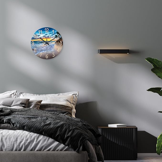 Palm Tree Clocks Battery Operated 12 Inch Glass Blue Wall Clock Non Ticking Beach Wall Clock for Bedroom