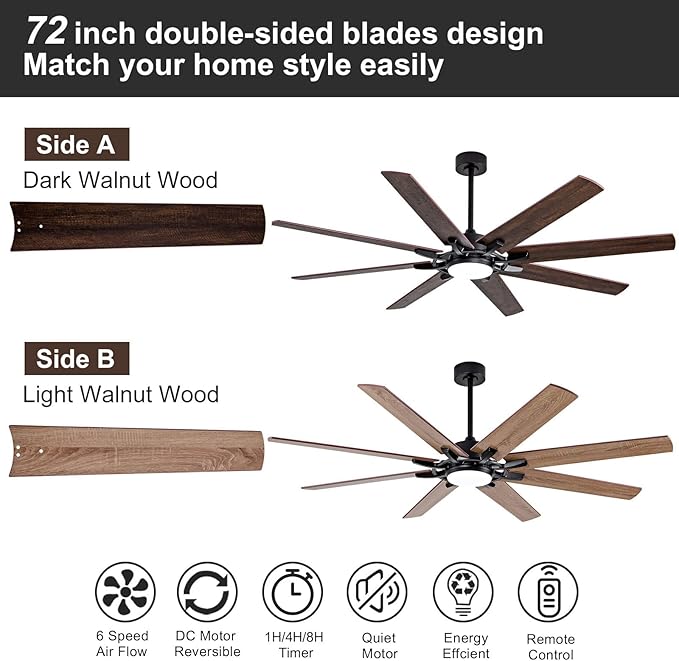 BOOMJOY 72 Inch Large Ceiling Fans with Lights, Black Ceiling Fan with Remote and Quiet Reversible DC Motor, Indoor/Outdoor Modern Ceiling Fan with Light for Living Room, Bedroom, Big Farmhouse