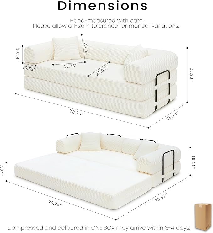 Compression Sofa - 79'' Convertible Sofa Bed, Boneless Couch in a Box, Modular Corduroy Foldable Sleeper Sofa with 2 Pillows, Loveseat Couches for Living Room (Corduroy Fabric, White)