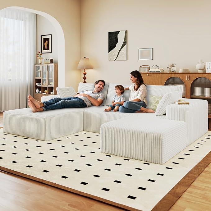 96" U-Shape Cloud Couch, Modern Modular Sectional L-Shape Sofa with Ottoman, Corduroy Upholstered Couches Deep Seat Sleeper Chaise Longue for Living Room, No Assembly Required(White, Left Facing)