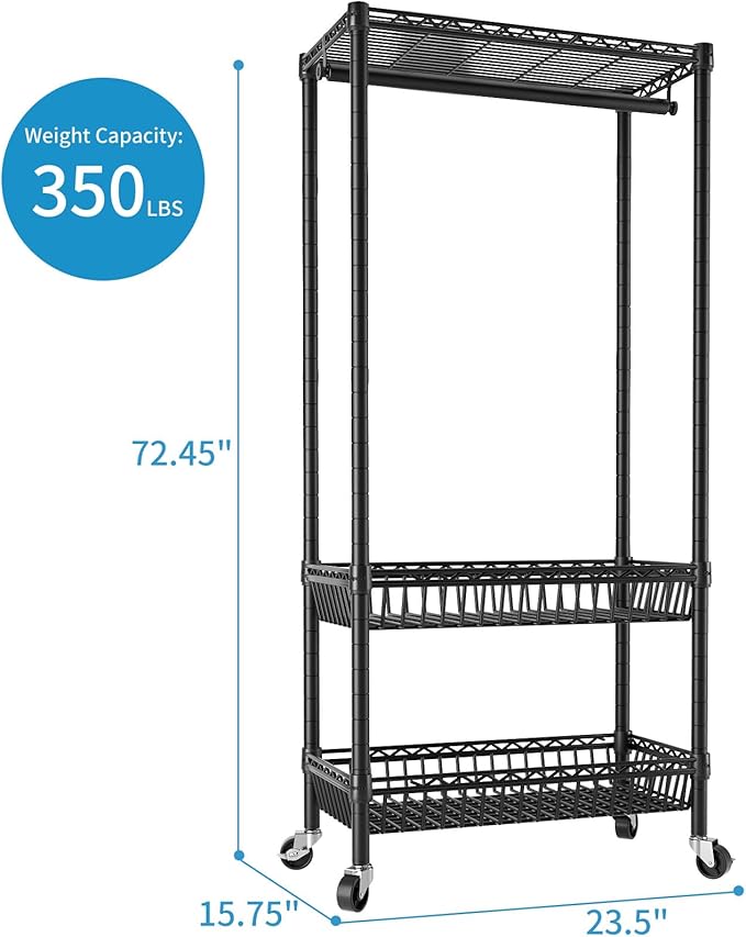 Heavy Duty Clothes Rack Rolling Garment Rack,Adjustable Wire Shelving Clothing Racks for Hanging Clothes with Hanger&Double Basket,Freestanding Metal Wardrobe Storage Portable Closet