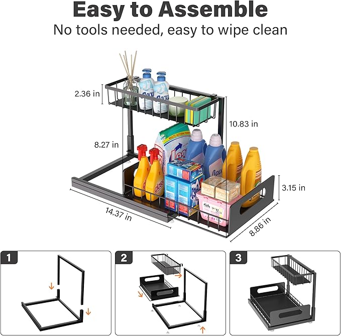 2 Pack Under Sink Organizer, 2 Tier Pull Out Cabinet Organizer,Slide out Metal Cabinet Organizers Multi-Purpose Drawer Shelf for Kitchen Bathroom Pantry Cabinet Closet Organization Rack,Black