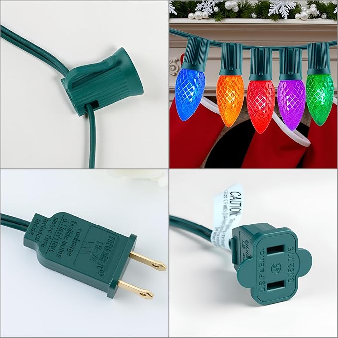 YULETIME Multicolor C9 LED Christmas Lights, 25 Feet 25 Count 12" Spacing Faceted Strawberry Bulbs UL Certified Outdoor String Light Set (Multicolor)