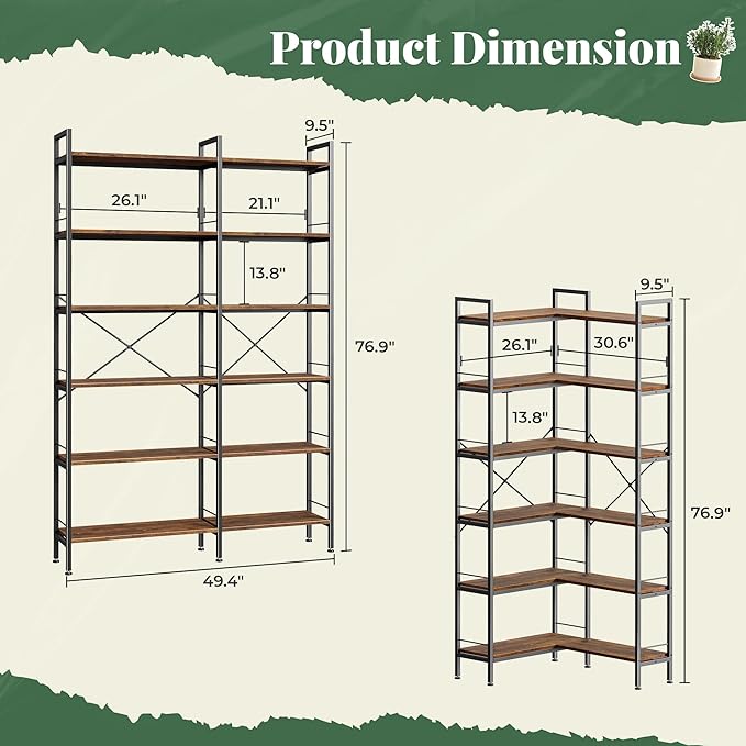 Huuger 6 Tier Bookshelf, L Shaped Corner Bookshelf with Open Shelves, 49.4 Inch Straight Wide Bookcase with Metal Frame and Wooden Board, Adjustable Feet, Rustic Brown