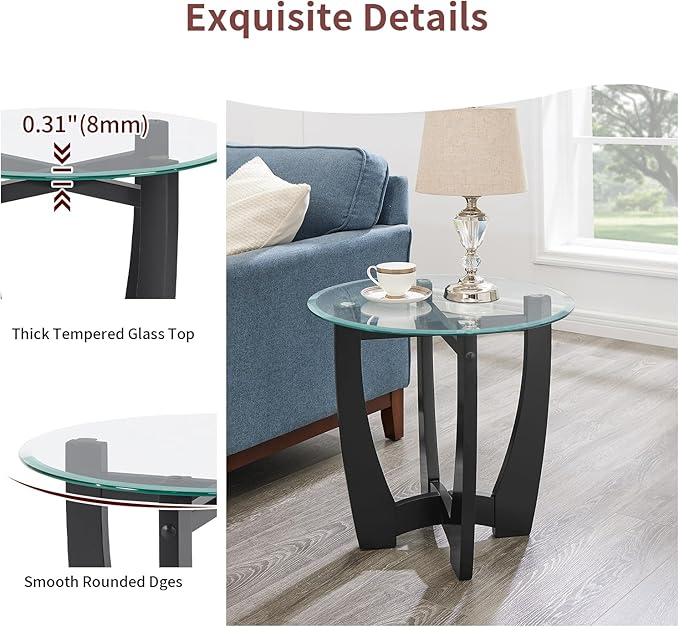 LKTART Glass End Table, 23.5" Round Side Tables with Tempered Glass Top Cross and Solid Wood Base Small Night Stand for Living Room Office Apartment Black