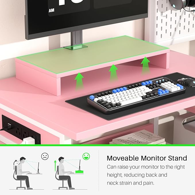 Small Gaming Desk with 2 Fabric Drawers - Reversible Computer Desk with Power Outlet & LED Lights, 49" Office Desk with Monitor Stand & Storage Shelves, Writing Study Table with Pegboard, Pink