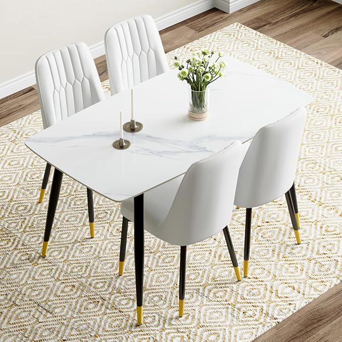 50'' Dining Table Set for 4, Dining Room Sets for 4, Sintered Stone Dining Table Chairs Set of 4, Easy to Assemble，Suitable for Small Spaces