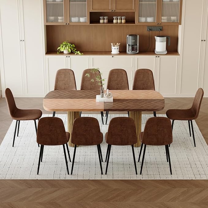 79" Large Dining Table Set for 10, Modern Farmhouse Dining Room Table Set with 1.7" Thick Two-Tone Wood Top, Sculpted Wave Legs & 10 Suede Upholstered Chairs, Wooden Kitchen Table Set for Living Room