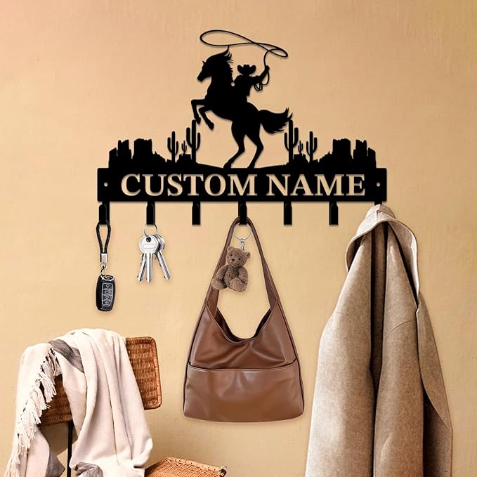 Personalized Custom Name West Cowboy Keys Hooks,Metal Cowboy Art Clothes Keys Hooks,Metal Cowboy Lover Wall Home Storage Decorative Keys Hooks,Key Holder Hooks for Wall (Style E)