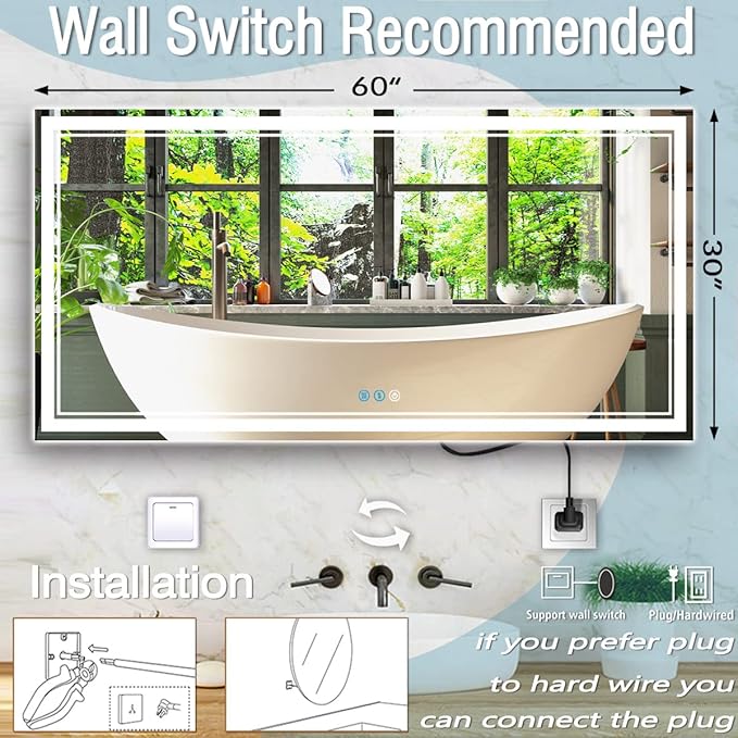 60 x 30 Inch Bathroom Lighted Vanity Mirror with Lights Large 60 Inch LED Mirror for Bathroom 3 Color Double Lights Dimmable Antifog Horizontal Vertical 60" Smart Light up Wall Mirrors