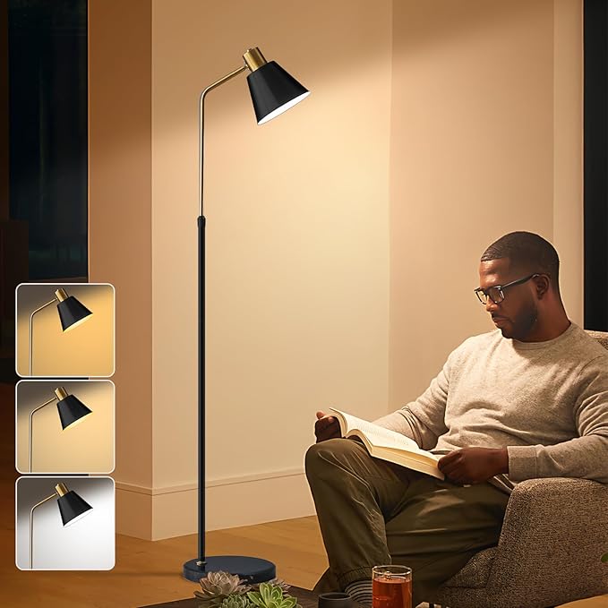 Dimmable Black Vintage Floor Lamps for Living Room Sofa Corner Bedroom Bedside Office,Unique Adjustable Standing Tall Reading Lights with Bright 12W LED Bulb, Modern Industrial Minimalist Home Decor