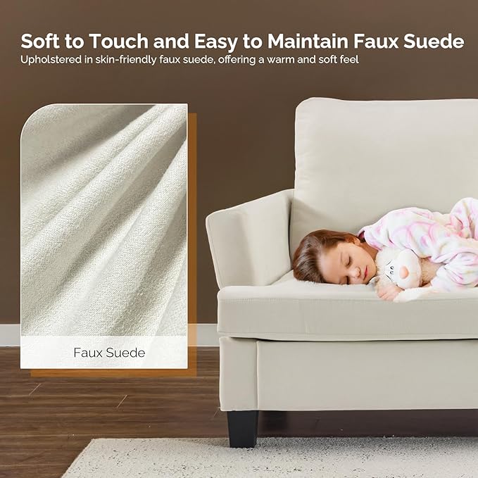 VINGLI White 83" Sofa Couches for Living Room, Faux Suede Modern Comfy 3 Seater Couch 25.6" Deep Seat Upholstery Cozy Sofas for Small Space, Bedroom, Apartment, Home Office