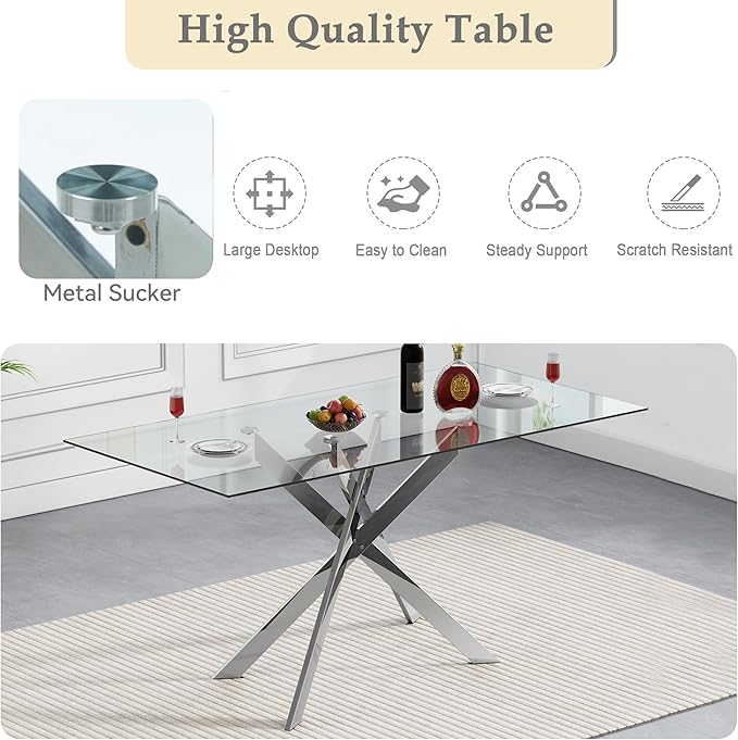 51'' Silver Glass Dining Table Set for 4,5 Piece Kitchen Table and Chairs Set with Metal Legs and 4 PU Leather Dining Chairs for Kitchen Room Small Spaces
