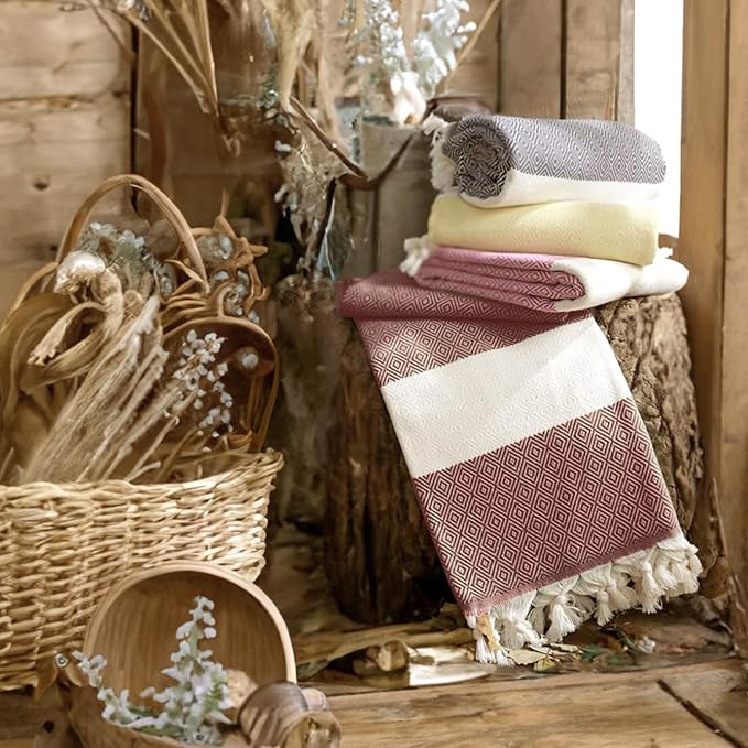 Bazaar Anatolia Turkish Beach Towel – 100% Cotton, Quick Dry, Sand Free Towel for Bathroom, Camping, Travel, Burgundy – Oversized 71x39 Inches – Diamond Maroon