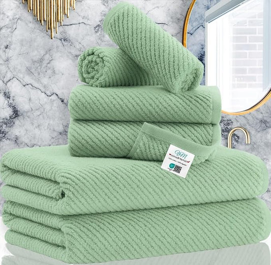 VOOVA & MOVAS Green Towels for Bathroom - 100% Cotton | Quick Dry | Lightweight | Thick | Soft, 6 Piece Towel Set, 2 Large Bath 30"x56", 2 Hand 18"x28", 2 Wash Cloths 13"x13", Towel Gift Set, Sage