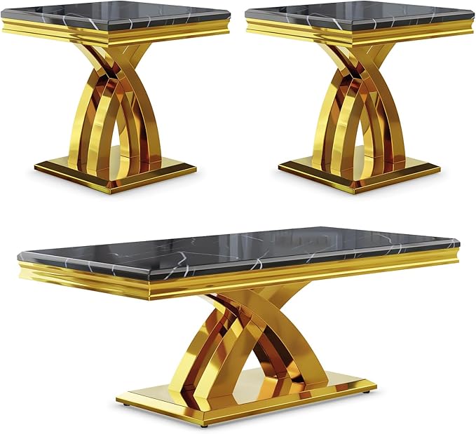AUZ 3 Pieces Black Gold Living Room Table Set, Coffee Table and 2 End Side Table with X-Shape Design Polished Stainless Steel Frame