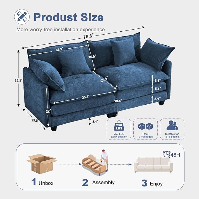 77" Cloud Sofa Loveseat & Couch｜Small 2-Seater Chenille Sectional Sofa with 29.1" Deep Seat｜FSC Certified Solid Wood & Metal Frame｜Easy Assembly & 1YR Guarantee｜ for Apartment Living Room Bedroom