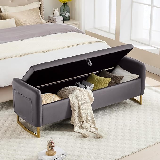 65" Storage Ottoman Bench, End of Bed Storage Bench King Size with Tufted Button Upholstered and Gold Legs, Bedroom Benches with Armrests for Living Room Window and Entryway, Dark Grey