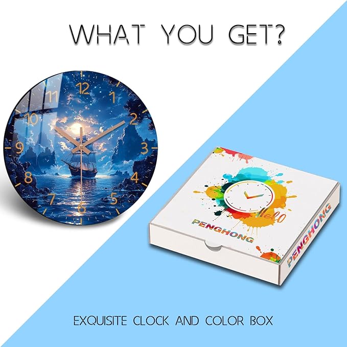 Oversized Coast Wall-Clock 24 inch Blue Beach Silent Clocks Battery Operated Wooden Round Wall Clock for Office, Living Room Wall Decor