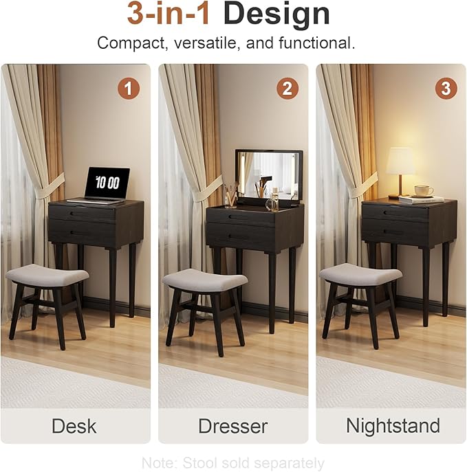 Solid Wood Small Vanity Desk with Mirror and Lights, Narrow Makeup Vanity for Small Space, Flip Top Vanity Side Table, 3 Color Modes & Adjustable Brightness, 19.6" Slim Dressing Table, Black